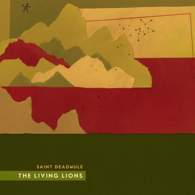 artwork made with dark red, dark and light green, and yellow paper art.